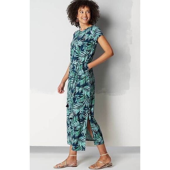 J. Jill Maxi Dress Women’s Large Coastal Tropical Leaves Vacation Resortwear - Picture 1 of 10